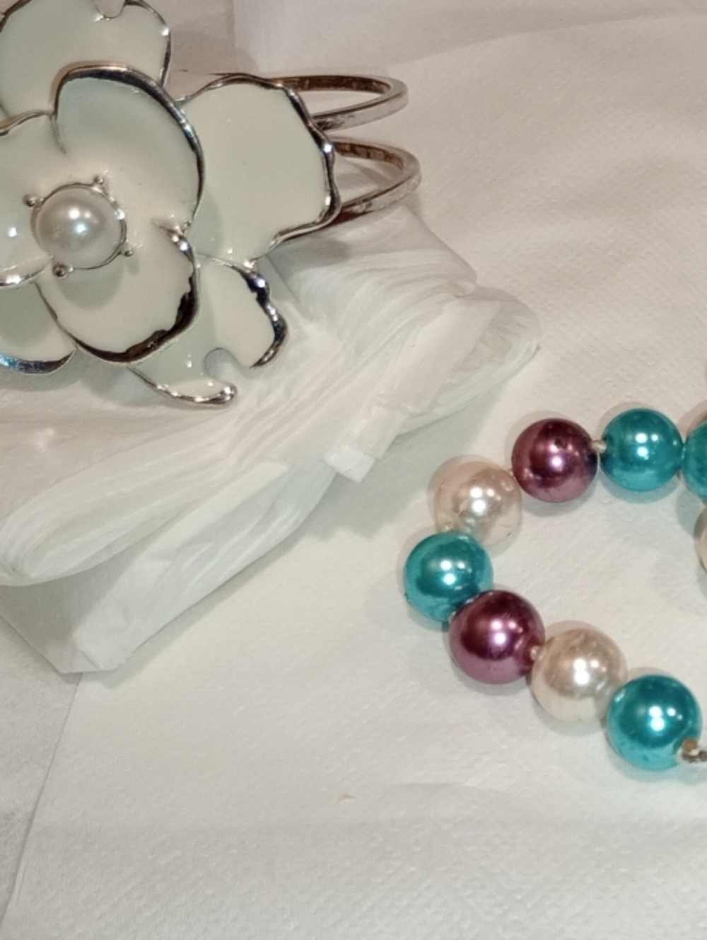 Pearl Multicolor Bead  Necklace - Teal, Purple & Ivory And Enamel Cuff Bracelet - Picture 6 of 16